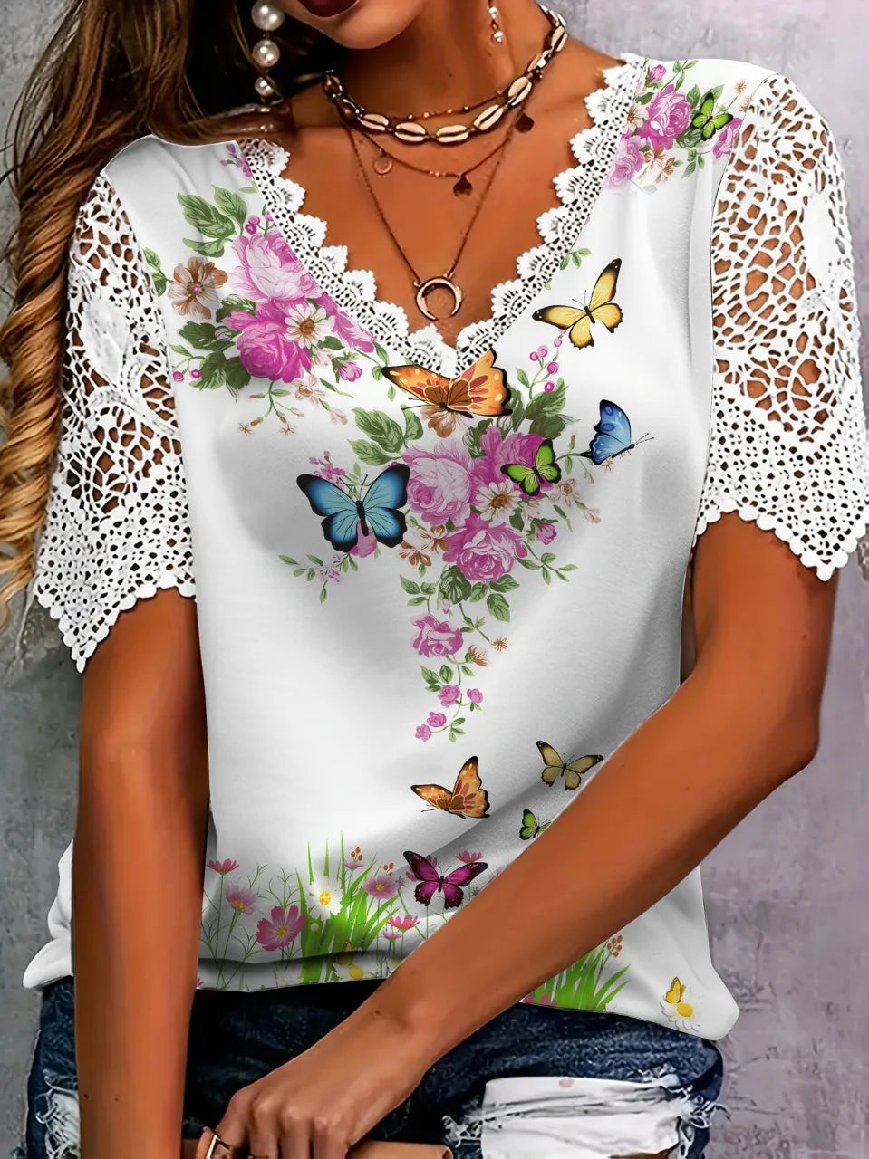 New Boho Flower Blouses Womens Fashion Shirt V-Neck Short Sleeve Flower Print Shirt Tops Casual Loose Ladies Floral Lace