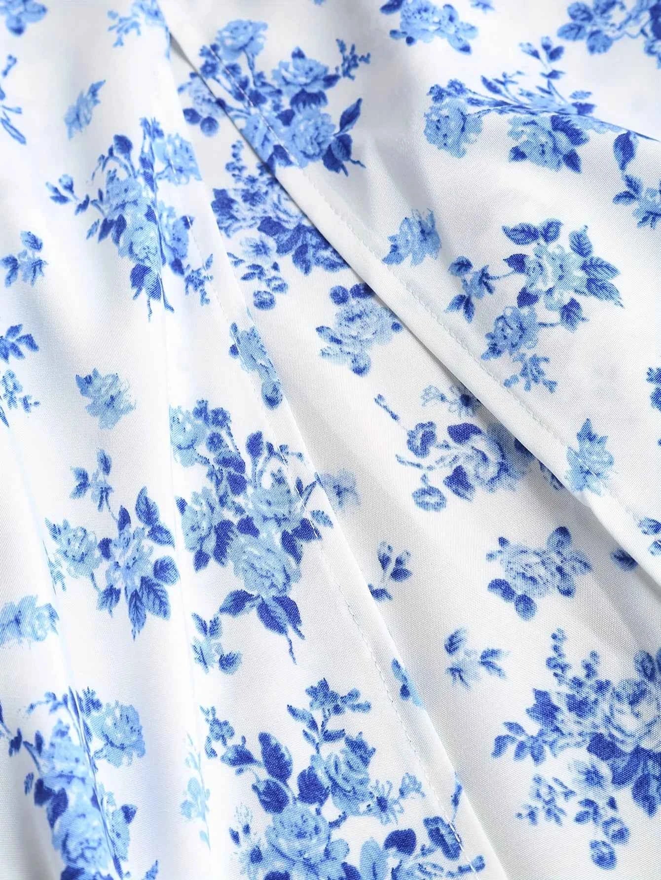 2024 European and American fashion plus size women's new flower print A-line skirt bow tie slit dress