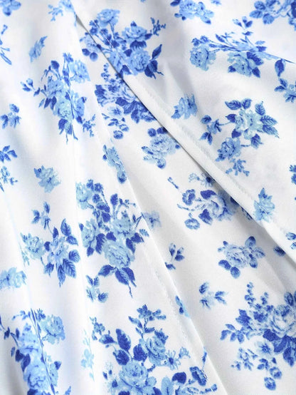 2024 European and American fashion plus size women's new flower print A-line skirt bow tie slit dress