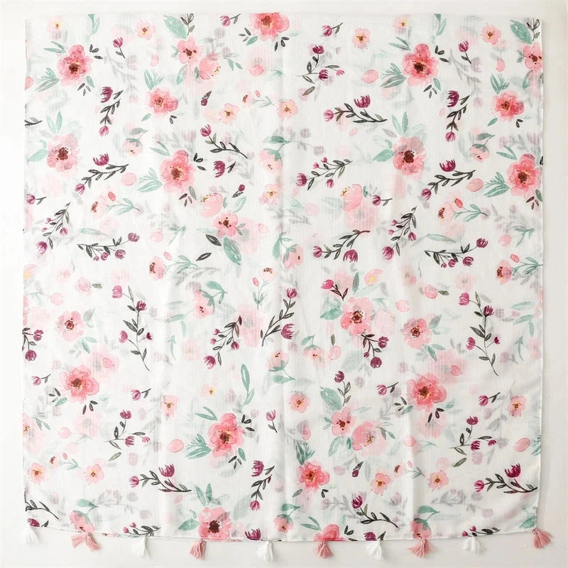 White Pink Flower Women Scarf Shawl Cotton Linen Feeling Tassel Pashmina Muslim Hijab Wrap Lady Viscose Scarf Foulard