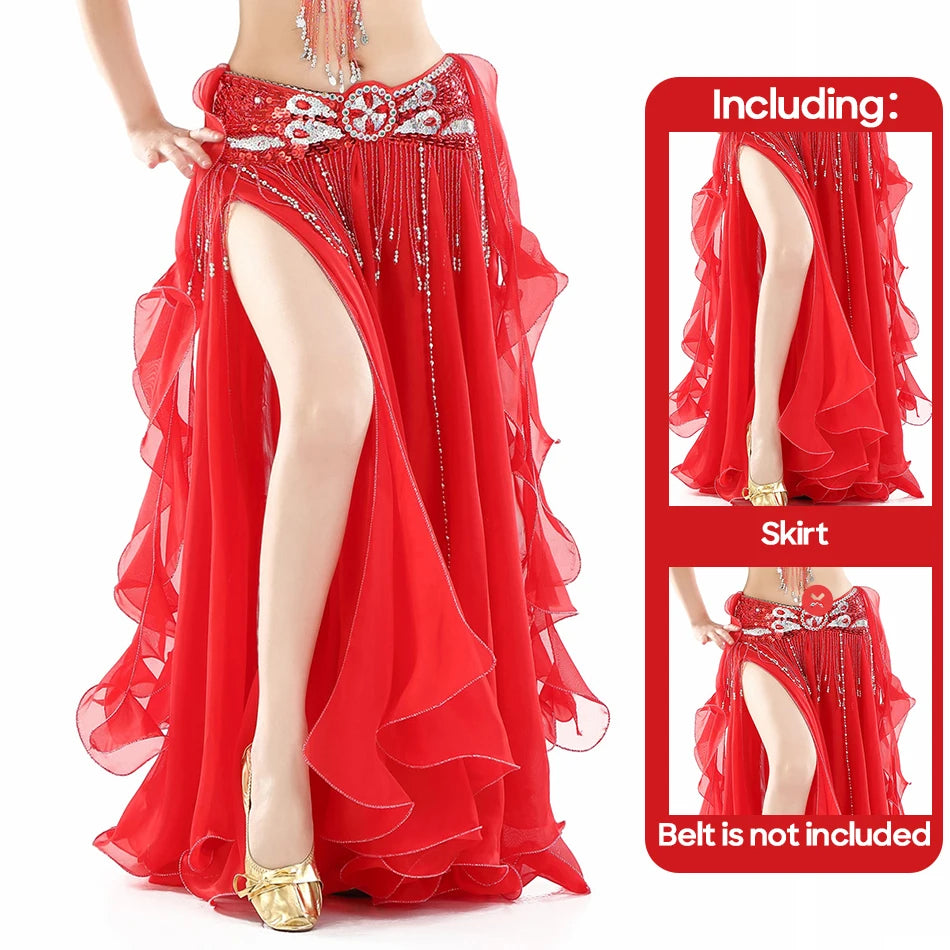 Belly Dance Skirt Chiffon Skirts Double Slit Ear Gauze Skirt High Slit Skirt For Adult Women Performance Practice Clothings