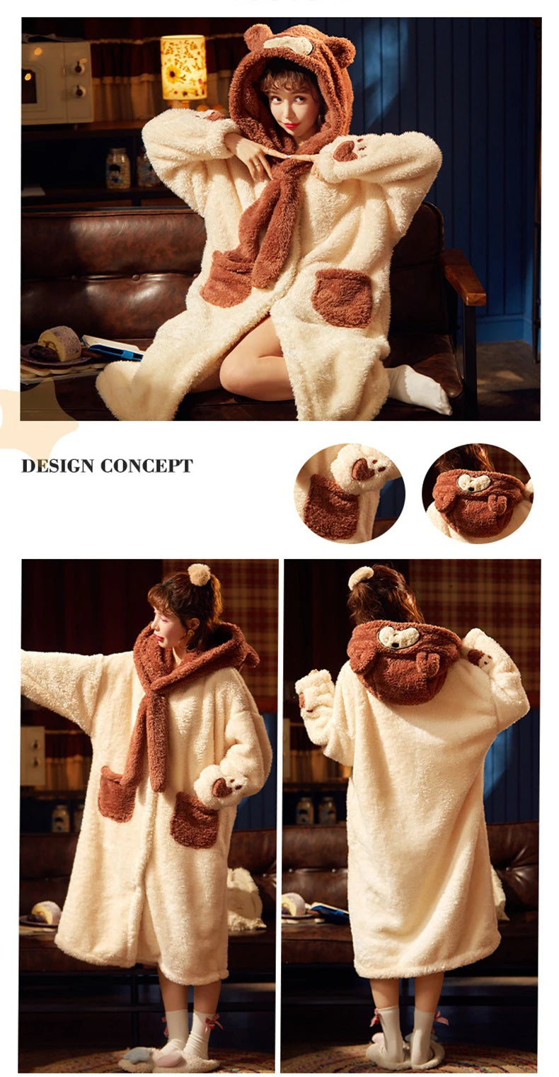 2024 Winter Pajamas For Women Cartoon Hooded Long Robe Strawberry Jacket Cute Home Wear Sleepwear Kawaii Flannel Warm Bathrobe - AMULET RING STORE