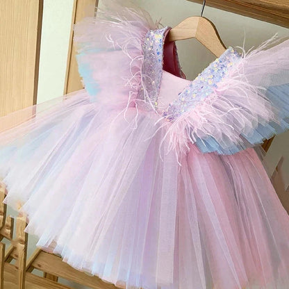 Wedding Birthday Dress for Flower Girls Kids Elegant Party Sequins Tutu Christening Gown 3-8 Yrs Children Formal Pageant Clothes - AMULET RING STORE