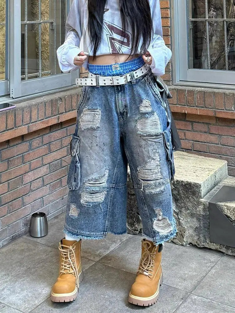 2025 American Vintage Old Baggy Slim Machete Denim Shorts Female Y2K Harajuku Hot Girl Washed Hole Denim Cropped Pants Tide - AMULET RING STORE