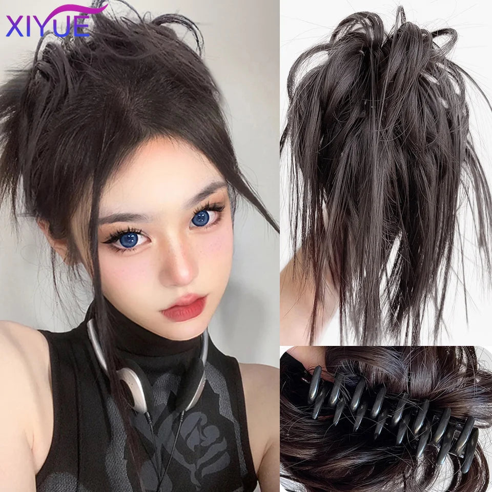 XIYUE Synthetic Messy Hair Bun Tousled Hairpiece Elastic Band Chignon Curly Scrunchie Updo Cover Hair Tail for Women Pink - AMULET RING STORE