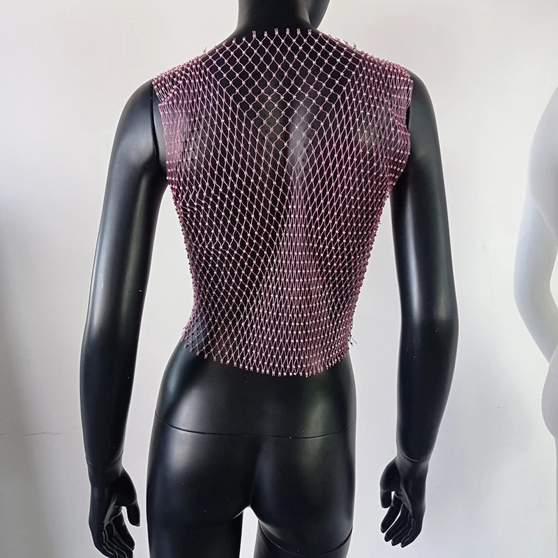 Women's Fishnet Rhinestone Crop Top 2024 Summer Sexy Mesh High Elastic Black White Shirt Net See Through Rave Diamond Tank Top - AMULET RING STORE