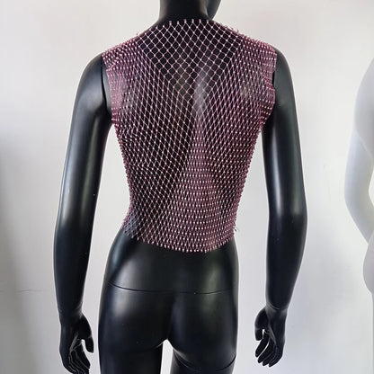 Women's Fishnet Rhinestone Crop Top 2024 Summer Sexy Mesh High Elastic Black White Shirt Net See Through Rave Diamond Tank Top - AMULET RING STORE