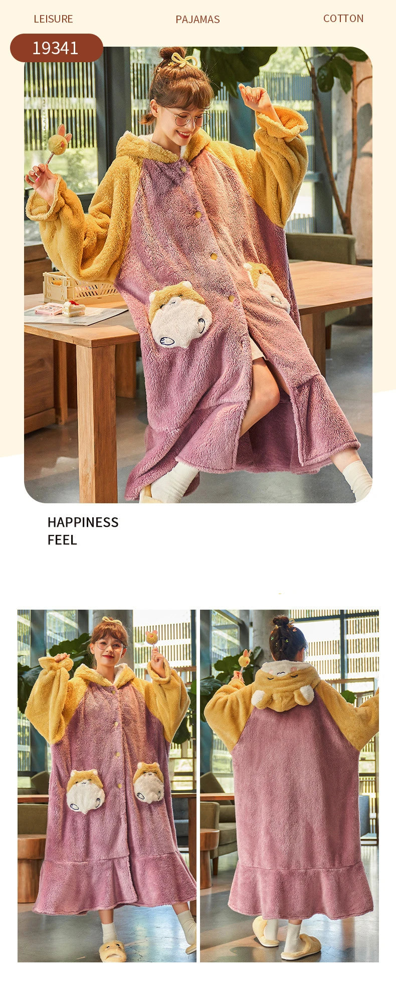 2024 Winter Pajamas For Women Cartoon Hooded Long Robe Strawberry Jacket Cute Home Wear Sleepwear Kawaii Flannel Warm Bathrobe - AMULET RING STORE