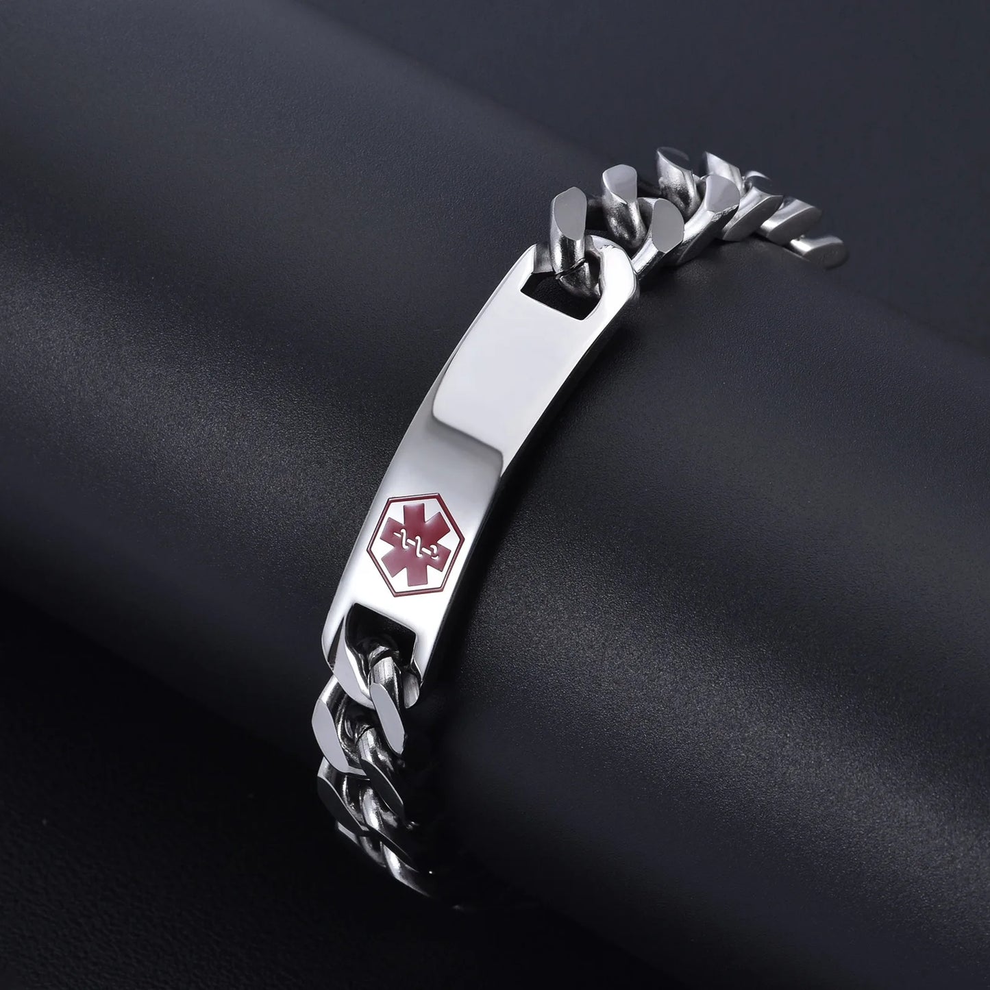 Medical SOS Custom Text Men Stainless Steel Bracelets Cuban Chain Smooth Engrave Logo Id Bracelet Gift Jewelry Wholesale Lots