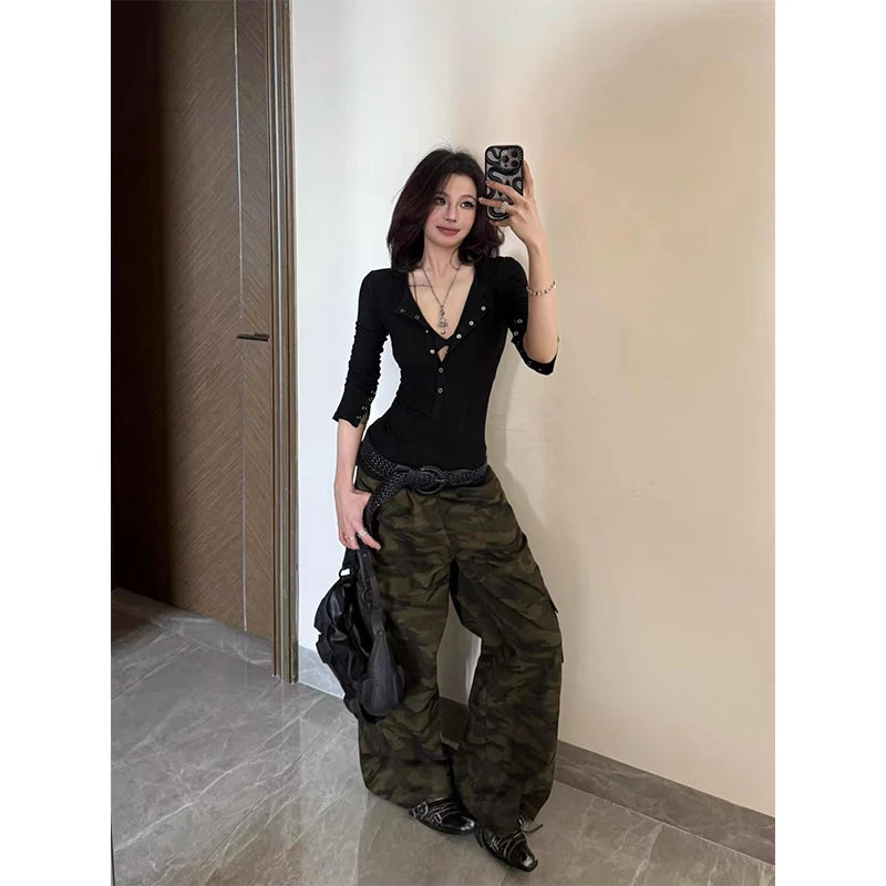 American Sle Hot Girl Long Sve T-irt Women Early Spring Inner Wear Slim Fit Tight Waist Top f Open Collar ort Sle