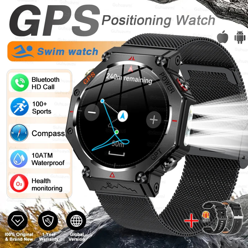 2026 New T-REX3 GPS Smart Watch AMOLED 10ATM Waterproof Compass Tactics Flashlight Voice Call Sports Men Fitness Swim Bracelet