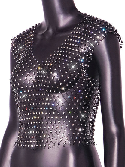Sexy see through black rhinestone Crop Top Women 2025 Summer Sparkly fishnet beach Party Tank Top night club outfits Tops smock - AMULET RING STORE