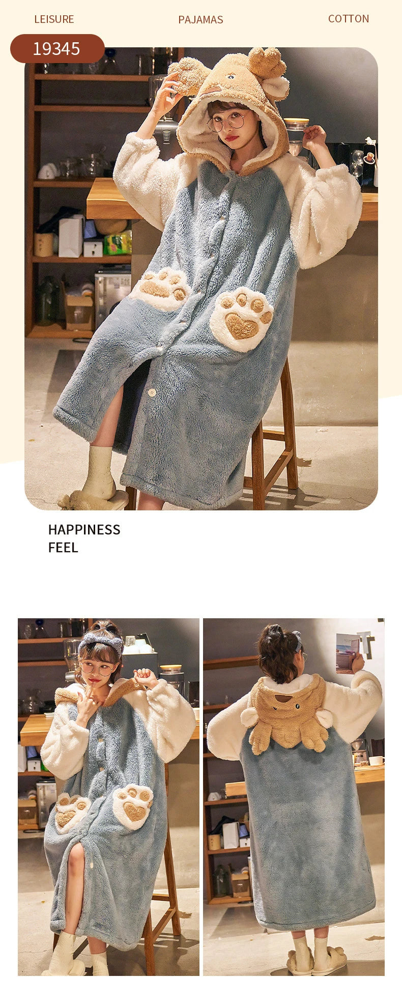 2024 Winter Pajamas For Women Cartoon Hooded Long Robe Strawberry Jacket Cute Home Wear Sleepwear Kawaii Flannel Warm Bathrobe - AMULET RING STORE