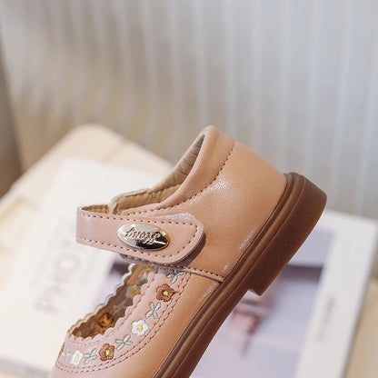 Toddler Girl's Mary Janes Flower Embroider Shallow Sweet Children Leather Shoes Three Colors Hook-loop Comfy Kids Shoe 21-30 - AMULET RING STORE