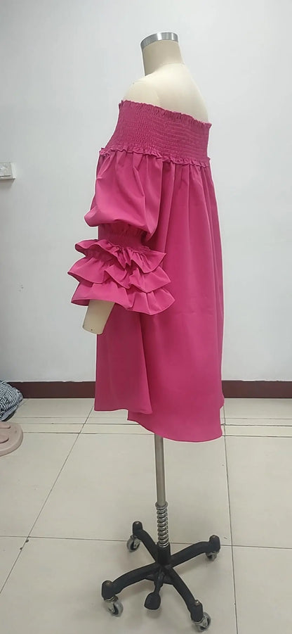 CM.YAYA Chic Women Cascading Ruffles Petal Off Shoulder Long Sleeve Smock Dress 2022 Big Swing Loose Blouse Sundress Vestidos - AMULET RING STORE