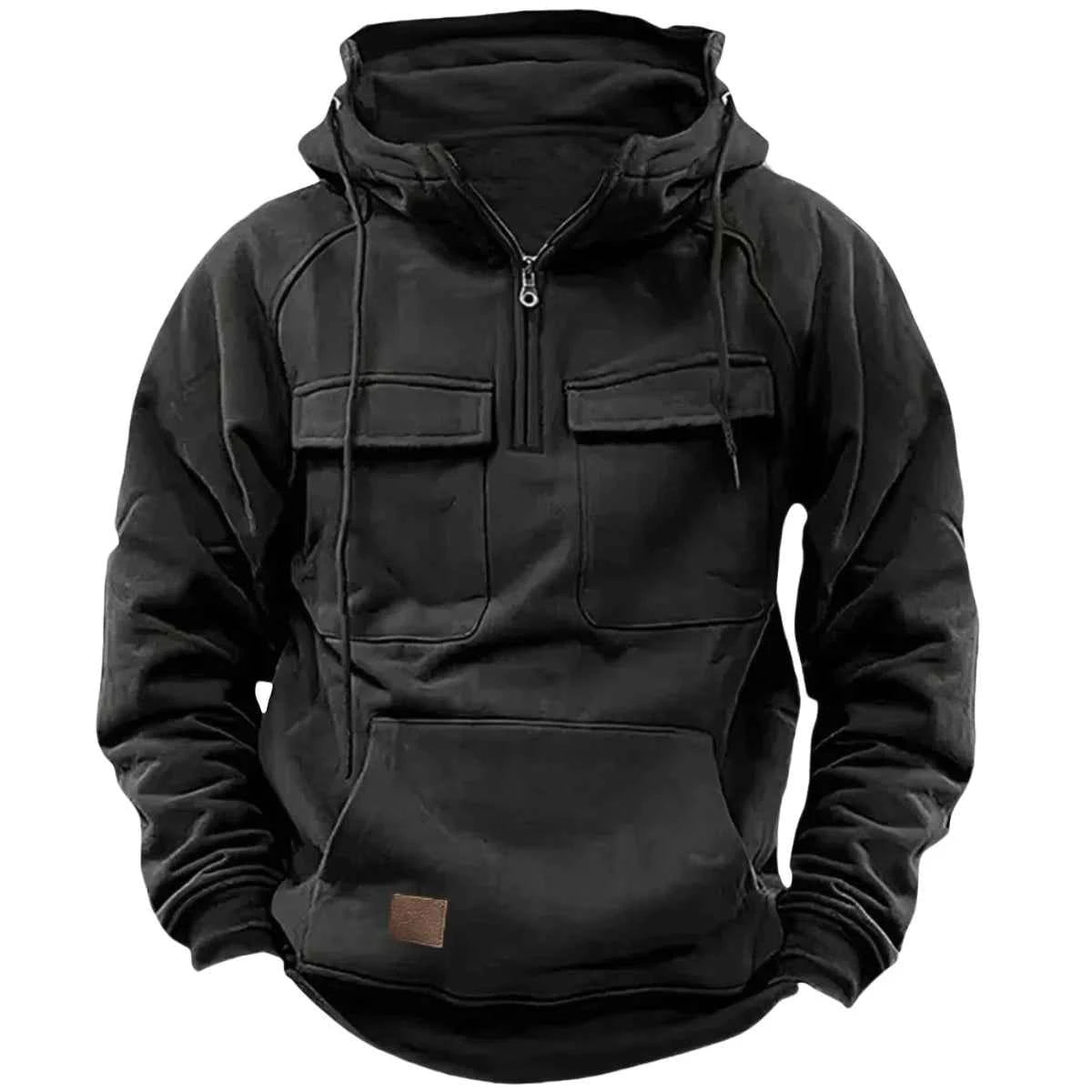 Men's half-zip tactical hooded sweatshirt, solid-color warm fleece workwear style sweatshirt, men's multi-pocket hooded jacket