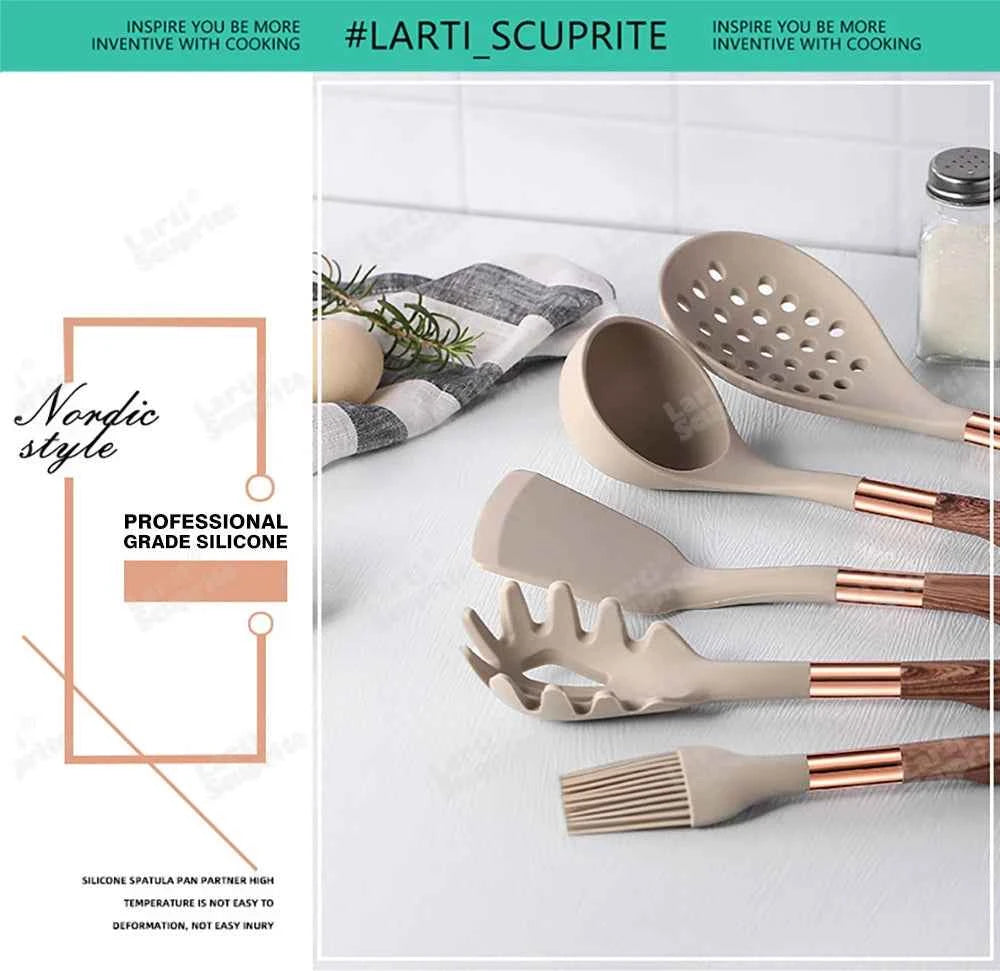 Good Quality Silicone Kitchen Utensils Set Rose Gold Plated Handle Cooking Tool Non-stick Heat Resistant Kitchenware Accessories