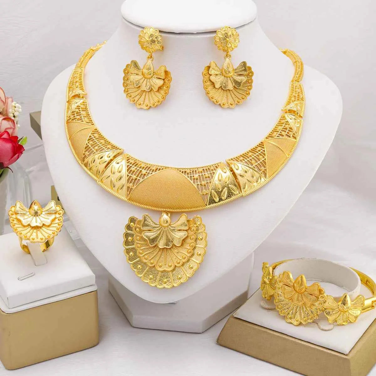 Dubai Fashion 24k Gold Plated Necklace Earrings Ring Bracelet Jewelry Sets for Women Wedding African Indian Jewellery