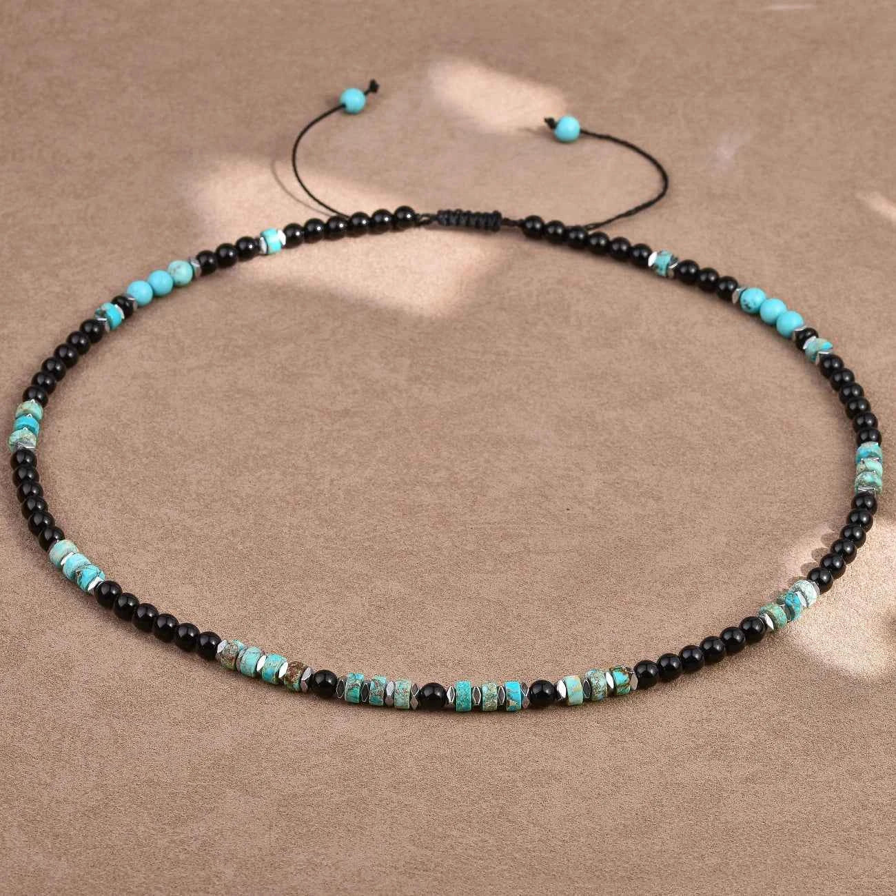 Black Onyx Turquoise Necklace for Men 6mm Natural Stone Beaded Energy Jewelry Adjustable Hand-Knotted Men's Necklace Healing Cry