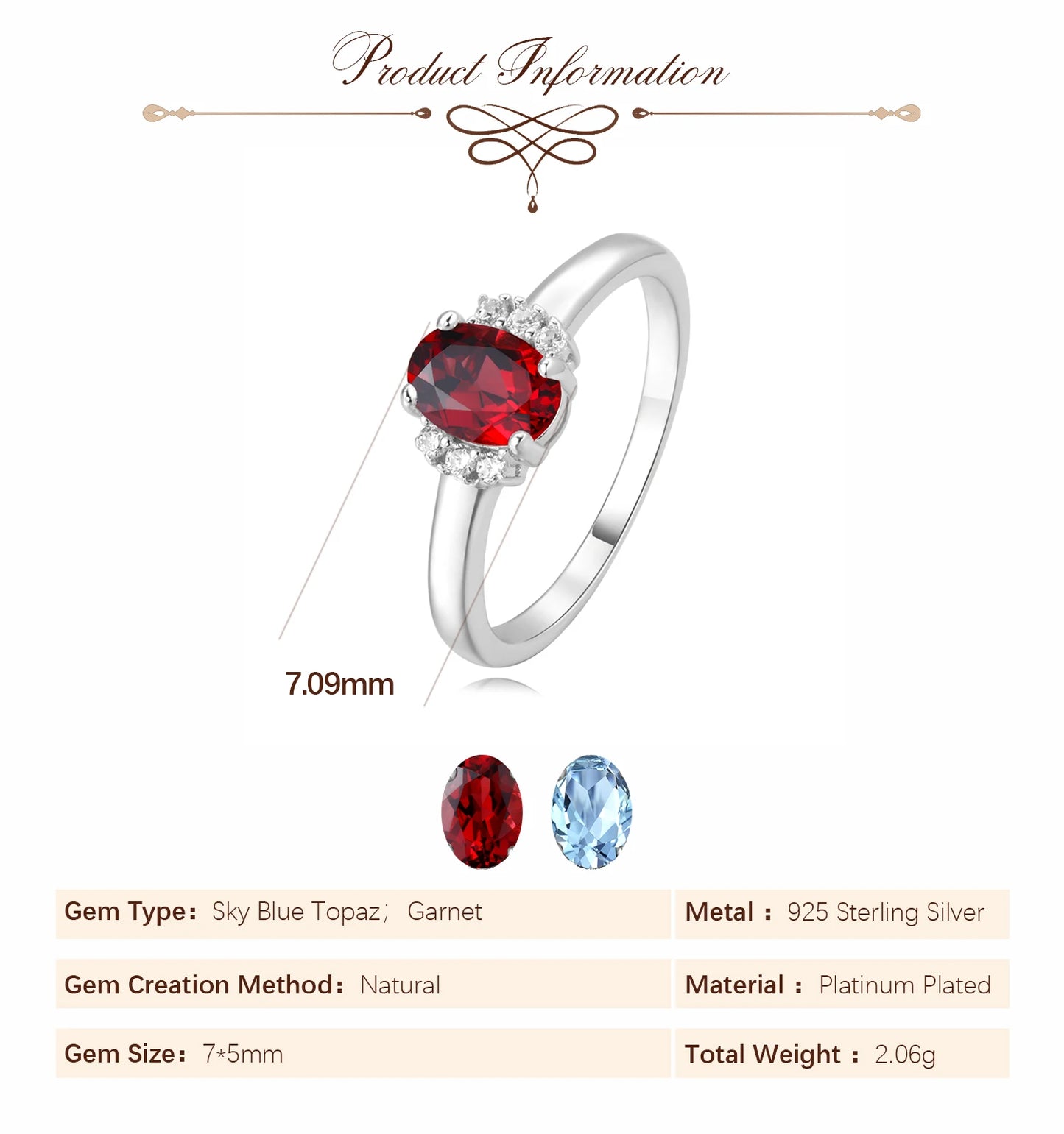 Potiy Natural Oval Shape Sky Blue Topaz Garnet Ring 925 Sterling Silver for Women Daily Wedding Party Jewelry