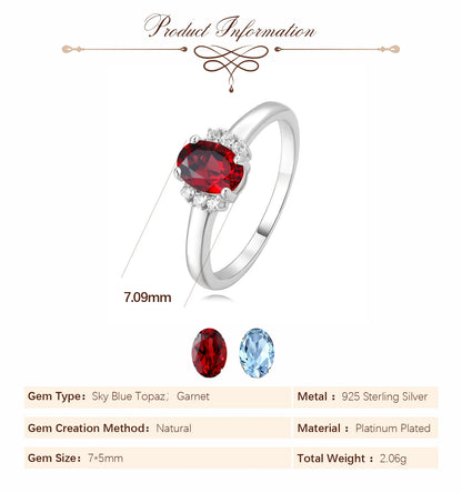 Potiy Natural Oval Shape Sky Blue Topaz Garnet Ring 925 Sterling Silver for Women Daily Wedding Party Jewelry