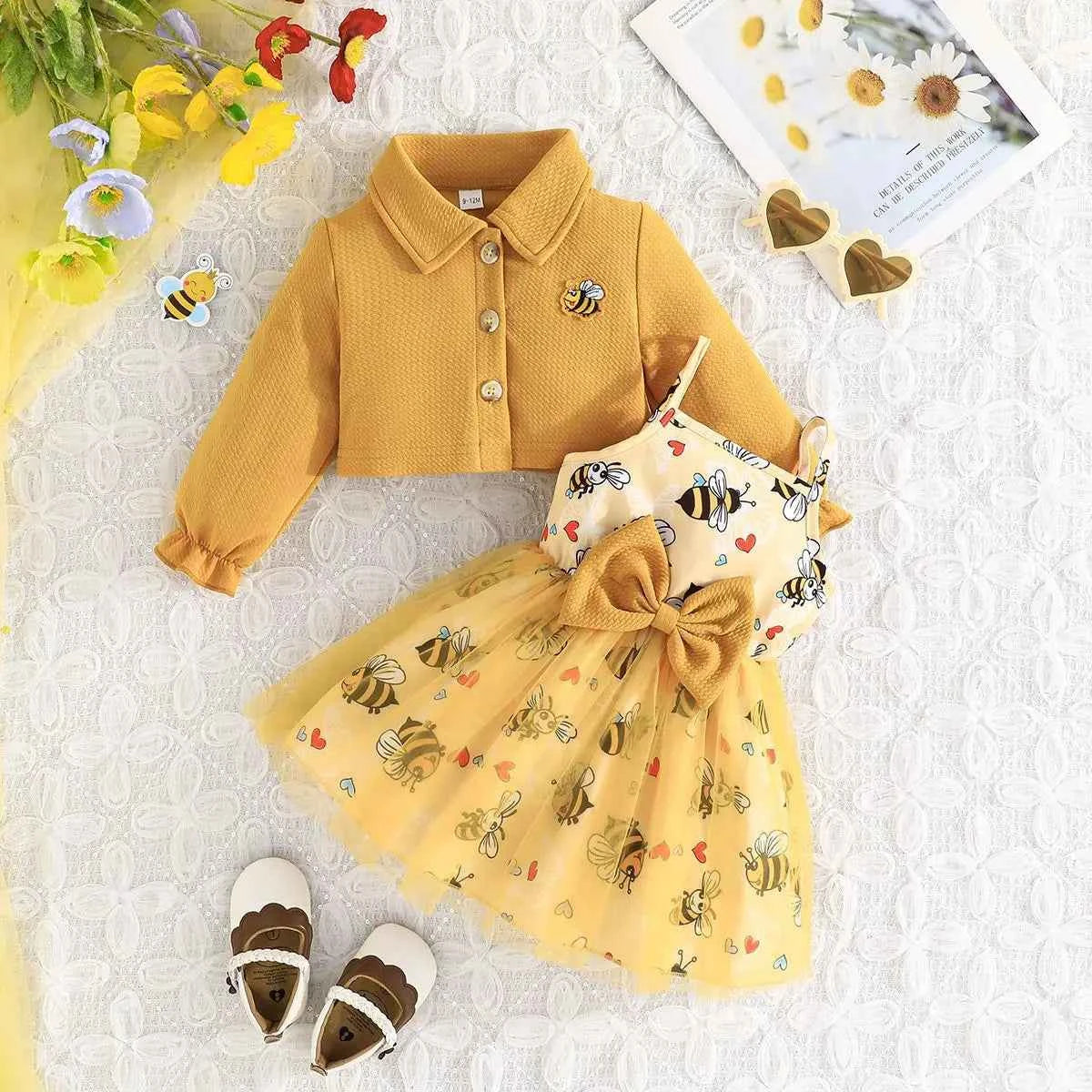 2Piece Spring Autumn Newborn Girls Clothes Korean Cartoon Cute Coat+Mesh Bow Print Sleeveless Dress Baby Boutique Clothing BC628