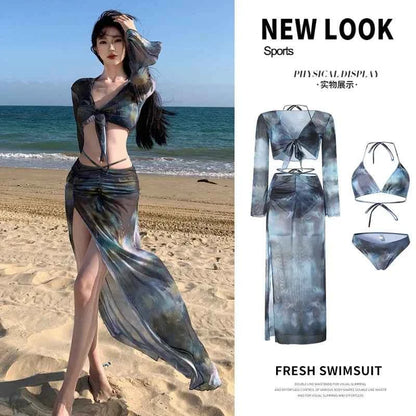 2025 Swimsuit Women's Sexy Bikini Four Piece Tie Dye Long Skirt Sexy European and American Slim Fit Hot Spring Vacation