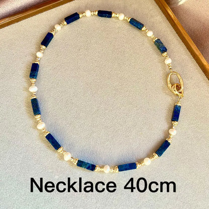 Exclusive Design Personalized Natural Freshwater Pearl Lapis lazuli Necklace Bracelet Earrings Copper Plated 14k Gold Accessorie