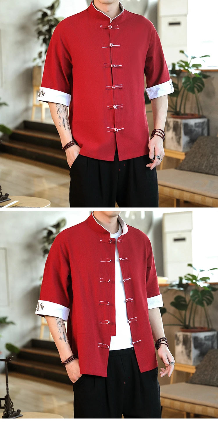 New Crane Embroidery Top Traditional Chinese Clothing for Men Vintage Half Sleeve Linen Shirts Solid Madarin Collar Hanfu Kungfu
