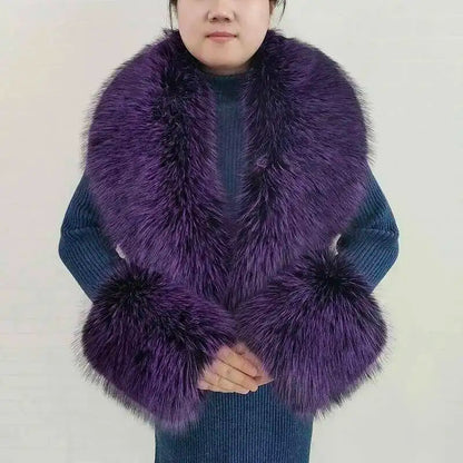 Large Winter Faux Fox Fur Scarf Women Jackets Warm Fluffy Shawl Fashion Artificial Fur Collar And Cuff Set Fluffy Scarves Female