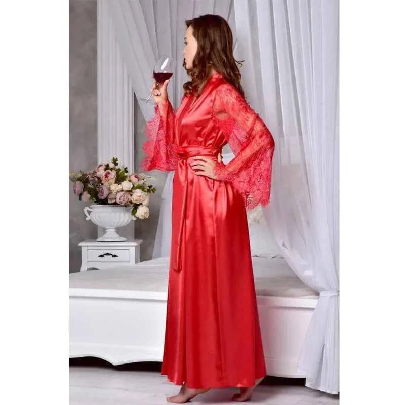 Sexy Nighties Lingerie Plus Size Pajamas Gown Imitation Ice Silk Lace Long Sleeve Women's Pajamas Panty Belt Set Sexy Goods