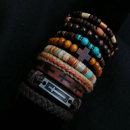 Khaki Tree 10 Pcs/set Black Wrap Woven Fashion Handmade Men Bracelets Male Women Leather Bracelets Men Bangle Wholesale Jewelry