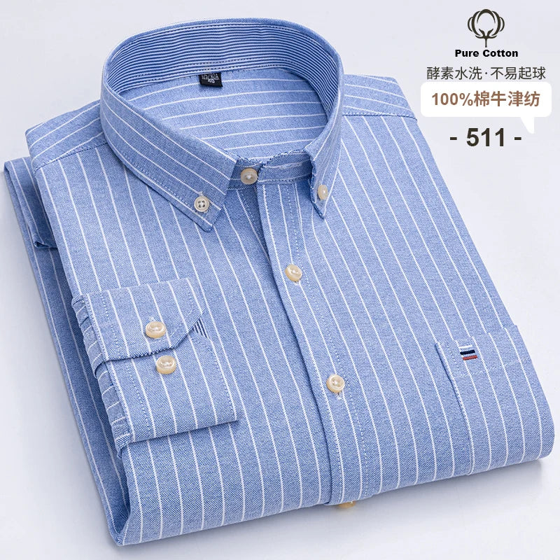 100% Cotton Oxford Men's Shirts Long Sleeves Plaid Soft Regular Fit Formal Dress Shirt Pocket Social Blouse Male Clothes S-7XL