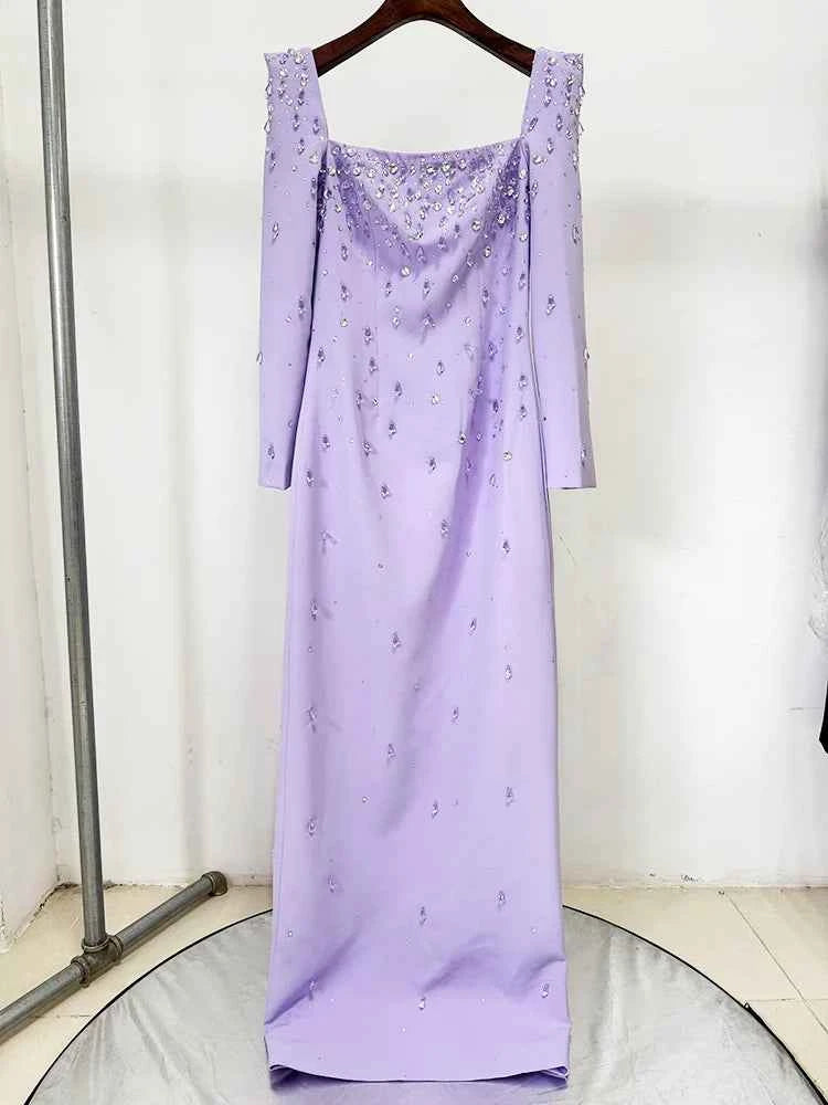 HIGH QUALITY Newest Fashion 2025 Designer Vestido Women's Square Collar Beading Diamonds Long Sleeve Maxi Dress
