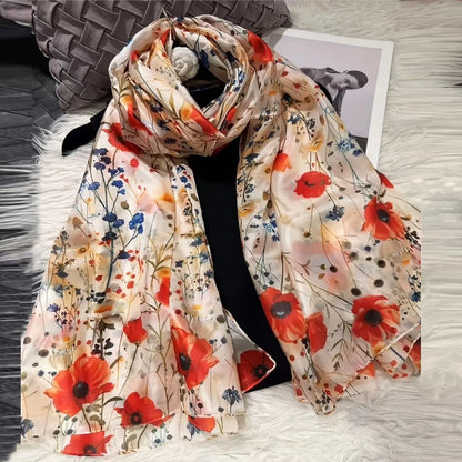 Brand Beige Cartoon Cat 100% Silk Scarf Shawl Bufanda Women Spring Fall Fashion Large Size Winter Long Scarves Bufanda 180*110cm