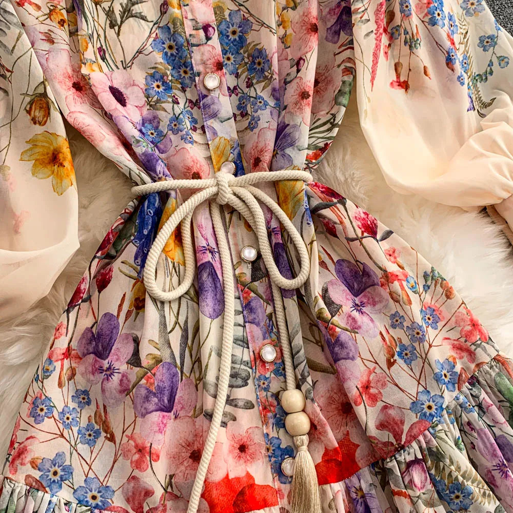 Faionable Print Long Dr Women's Spring Belted Waist Pleated Lantern Sve Turn-down Collar Dr Korean Sle Commute