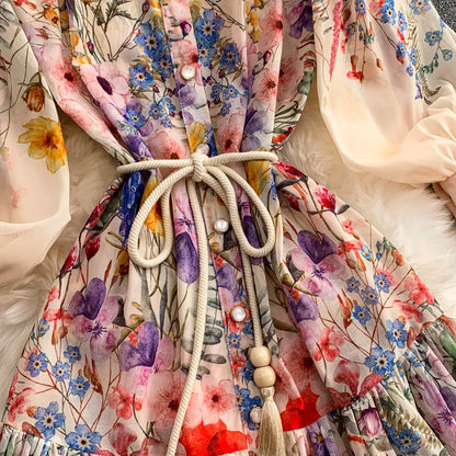 Faionable Print Long Dr Women's Spring Belted Waist Pleated Lantern Sve Turn-down Collar Dr Korean Sle Commute