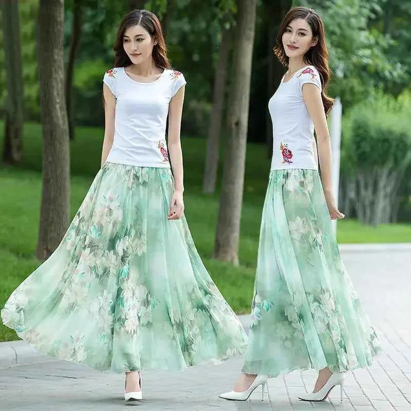 Chiffon Floral Maxi Summer Skirt Women Long High Waist Holiday Dance Skirt Elegant Beach Boho Hot Sale Lady Vintage Girl Fairy
