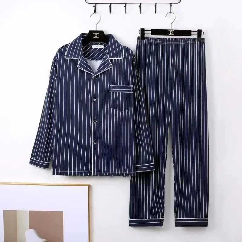 Casual Pure Cotton Men's Spwear Long Sve Long Pants Two-Piece Set Plaid Striped Simple Wearable Home Clothes