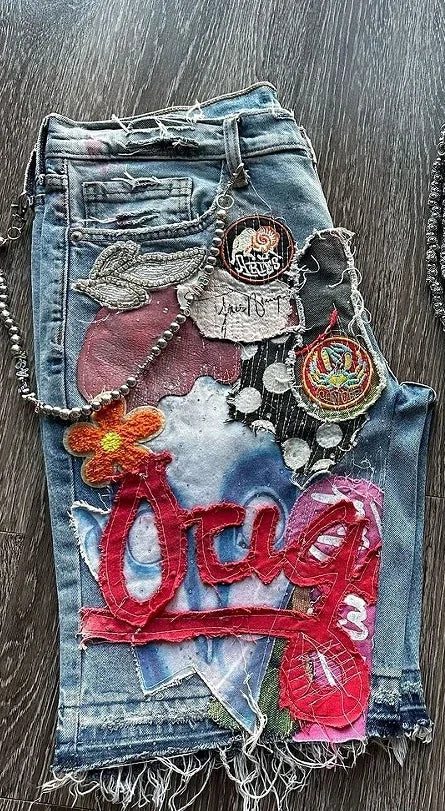 Gothic Punk Skull Letter Pattern Patchwork Shorts Men Y2k Streetwear Pants Hip Hop Fashion Denim Shorts Summer New Hot Sale - AMULET RING STORE