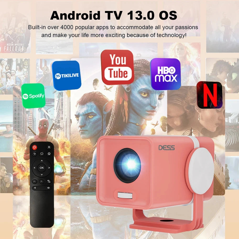 DESS Projector 4K Mini Portable Build-in Apps WIFI6 Mirror SmartPhone For 4K Video Home Cinema Projector Outdoor Rotatable 180°