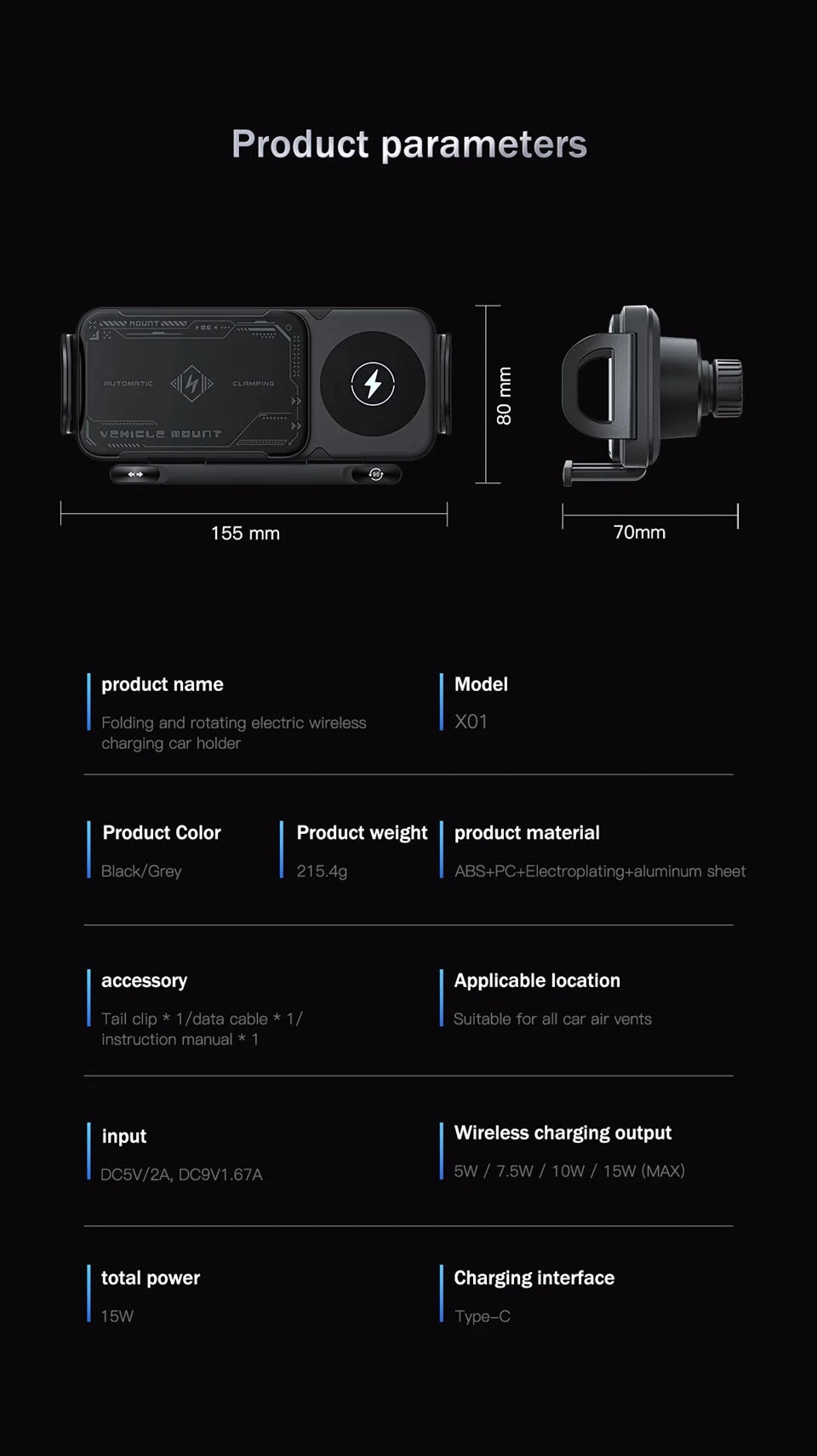 2-in-1 Car Wireless Charger Dual Coil Fold Screen Phone Fast Charging For Samsung Galaxy Z Fold 5 6 Air Vent Car Phone Holder