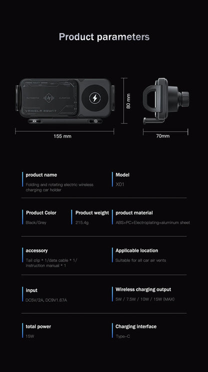 2-in-1 Car Wireless Charger Dual Coil Fold Screen Phone Fast Charging For Samsung Galaxy Z Fold 5 6 Air Vent Car Phone Holder