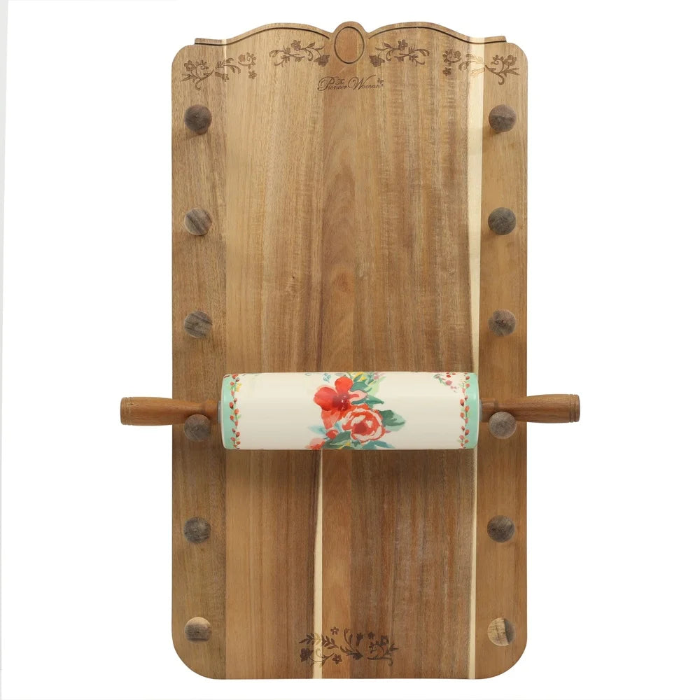 Ceramic Rolling Pin Set with Holder Acacia Wood Handles Floral Design Kitchen Baking Accessories Rustic Style Dough Roller - AMULET RING STORE