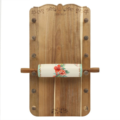 Ceramic Rolling Pin Set with Holder Acacia Wood Handles Floral Design Kitchen Baking Accessories Rustic Style Dough Roller - AMULET RING STORE