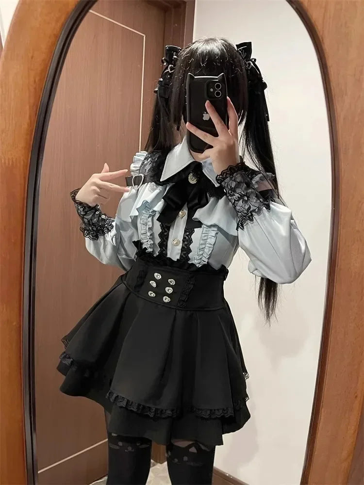 Sweet Gothic Lolita Two Piece Set, Off Shoulder Blouse + High Waist Skirt, Kawaii Tri-color Lace Coord Outfit for Women & Teens