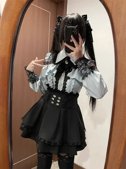 Sweet Gothic Lolita Two Piece Set, Off Shoulder Blouse + High Waist Skirt, Kawaii Tri-color Lace Coord Outfit for Women & Teens
