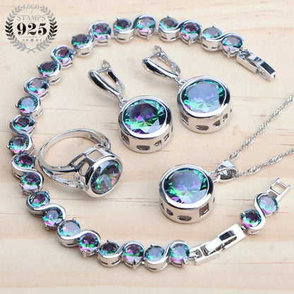 925 Sterling Silver Jewelry Sets Bridal Women Natural Magic Rainbow Zircon Earrings Ring Bracelets Pendant Wedding Necklace Set - AMULET RING STORE