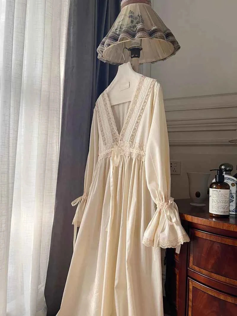 Vintage Embroidery Cotton Long Nightgowns For Lady Lace  Long Sleeve Beige Elegant Nightshirts Comfortable Sexy Night Dress