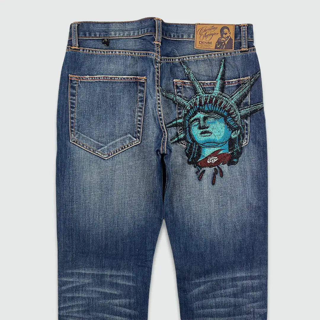 Y2k 2000s Statue of liberty Diamonds Denim Pants High Waist Straight Women Casual Wide Leg Jeans Harajuku Vintage Women Clothing - AMULET RING STORE
